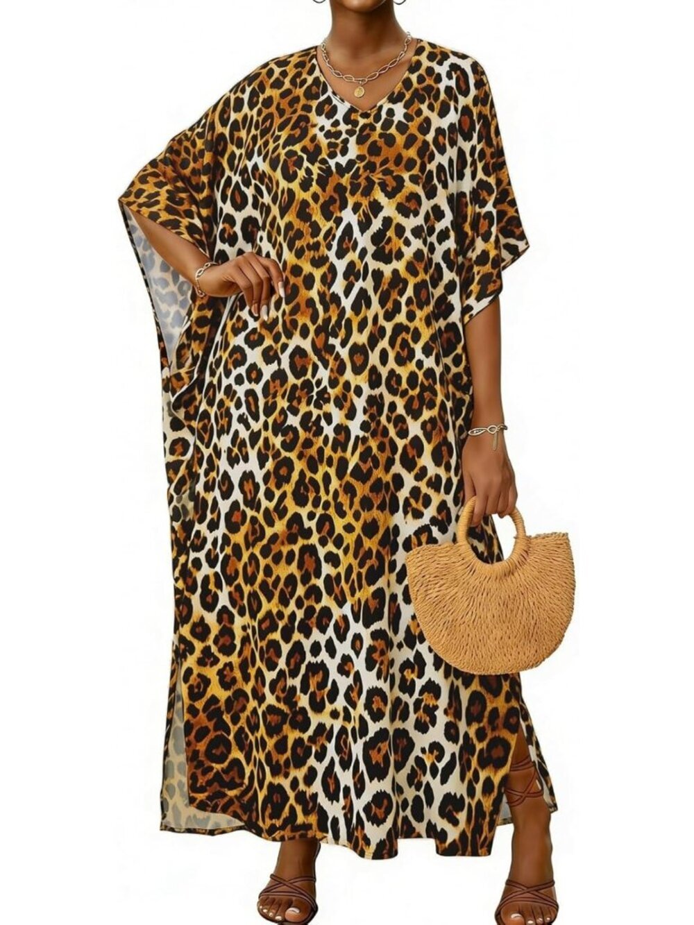 〽️Women's Leapord Plus Size V Neck Caftan Long Batwing Sleeve Swimsuit Cover Up